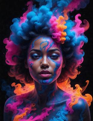The primary subject of the image is a woman with a vibrant and colorful appearance. She is wearing a lot of makeup, including blue and pink colors, and has a unique and artistic style. The setting is a dark background, which contrasts with the woman's bright and colorful appearance. The visual style of the image is a combination of digital art and illustration, creating a striking and eye-catching portrait. The colors and mood of the image are lively and energetic, with the